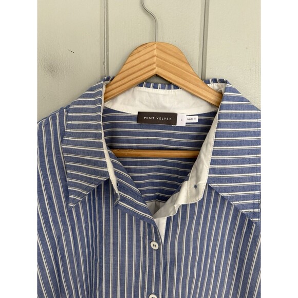 Mint Velvet Blouse L Large Blue Stripe Contrast Classic Button Front Shirt - Picture 2 of 5